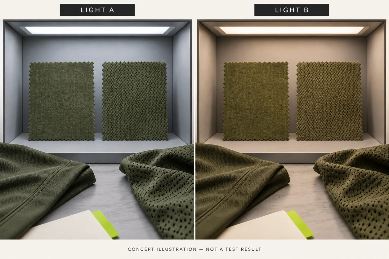 Concept illustration comparing two fabric swatches under light A and light B rather than measured colour results