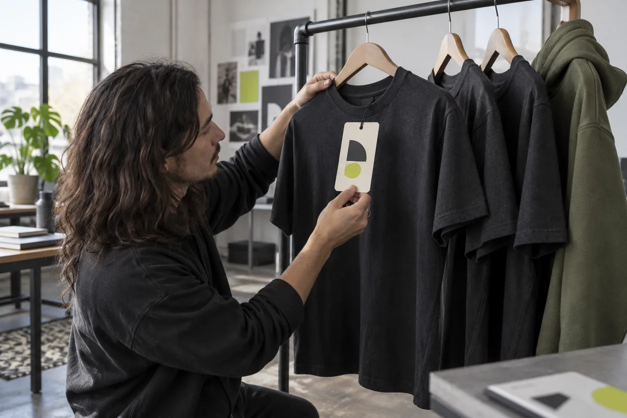 An adult designer checks an ivory hangtag against a charcoal T-shirt on a garment rail