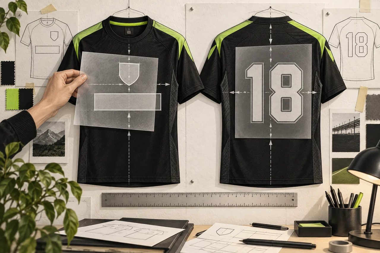 Front and back jersey references use translucent overlays and arrows to explain badge, sponsor and number placement.