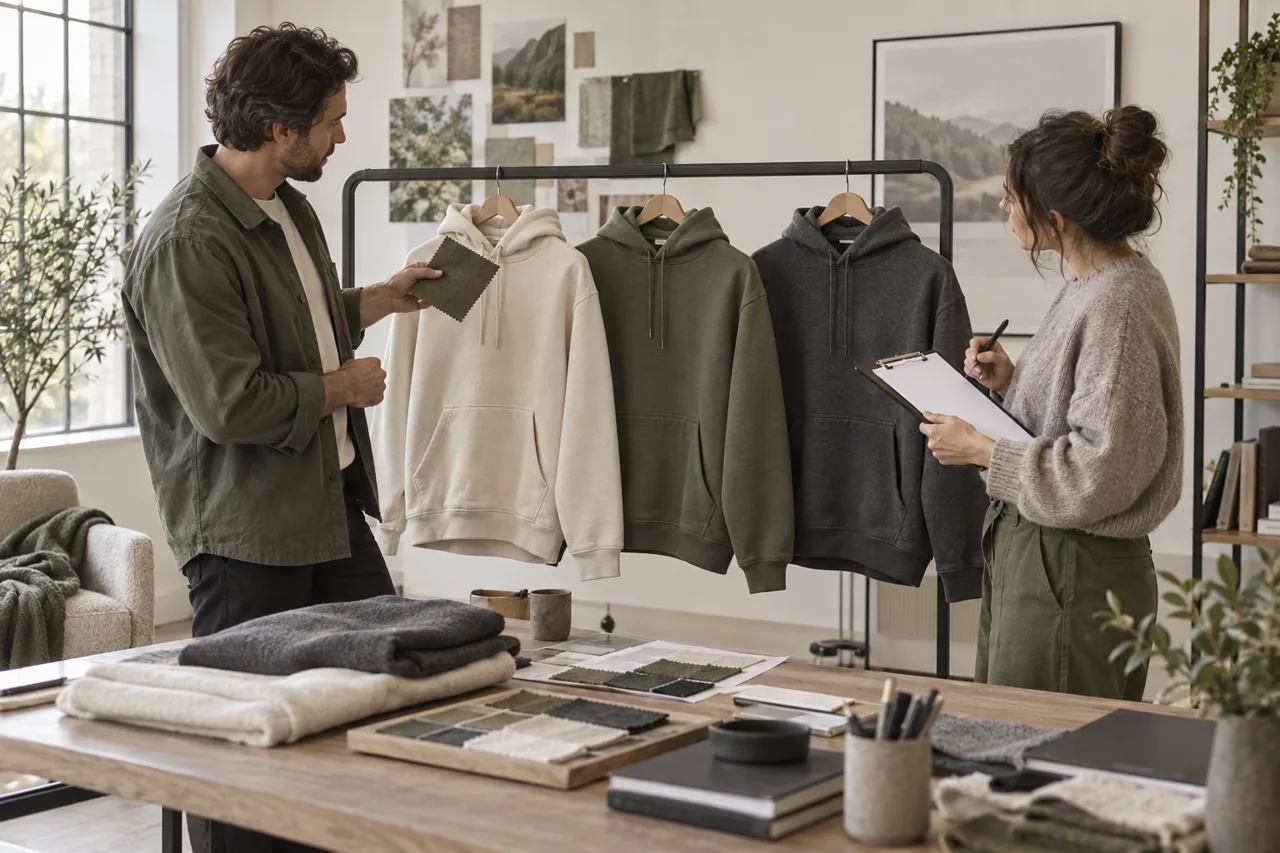 Conceptual buyer review of identified hoodie samples before selecting a collection material