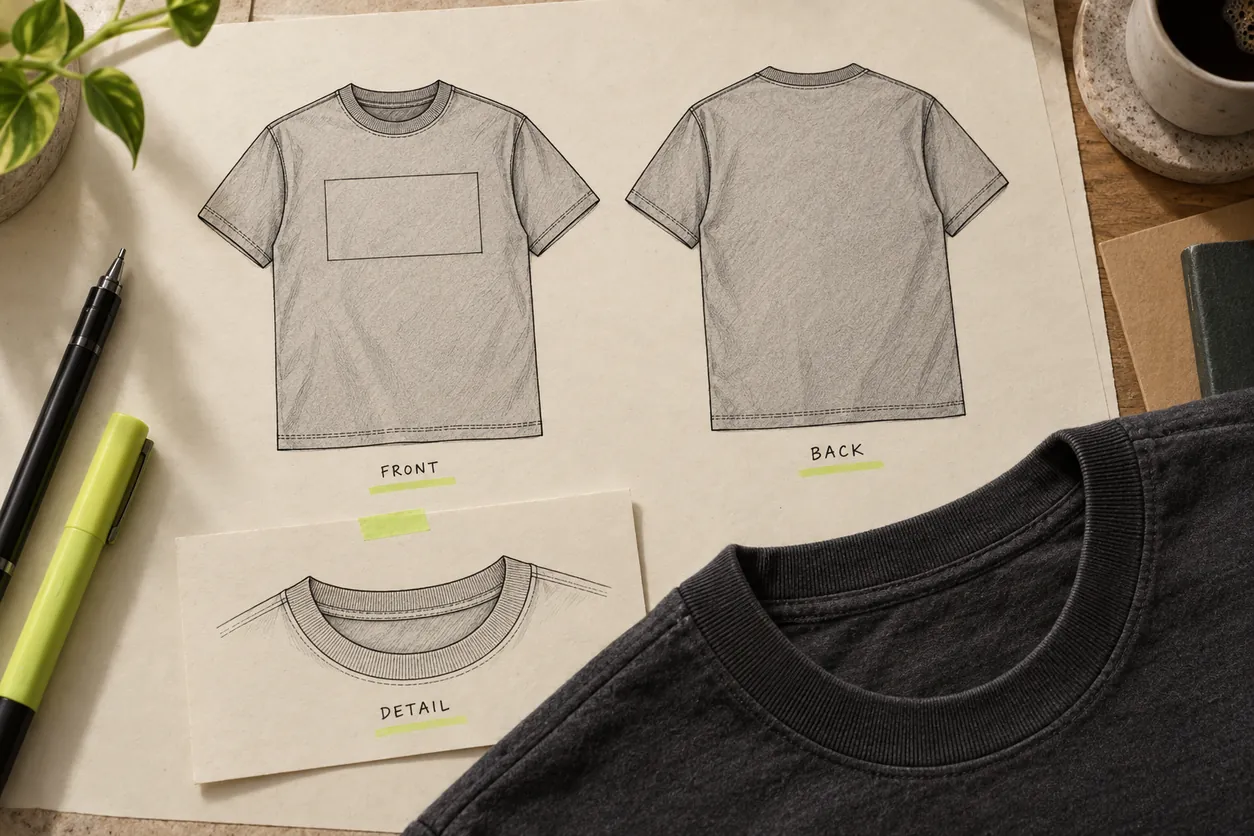 Conceptual front, back and neckline-detail drawings of one charcoal streetwear tee beside a physical neckline reference