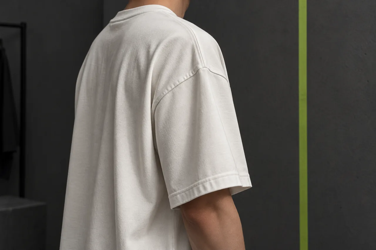 Side view of an ivory T-shirt illustrates a dropped shoulder seam and the sleeve opening below it