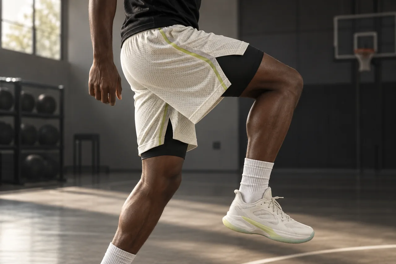Outer basketball shorts worn over separate compression shorts during a controlled high-knee step