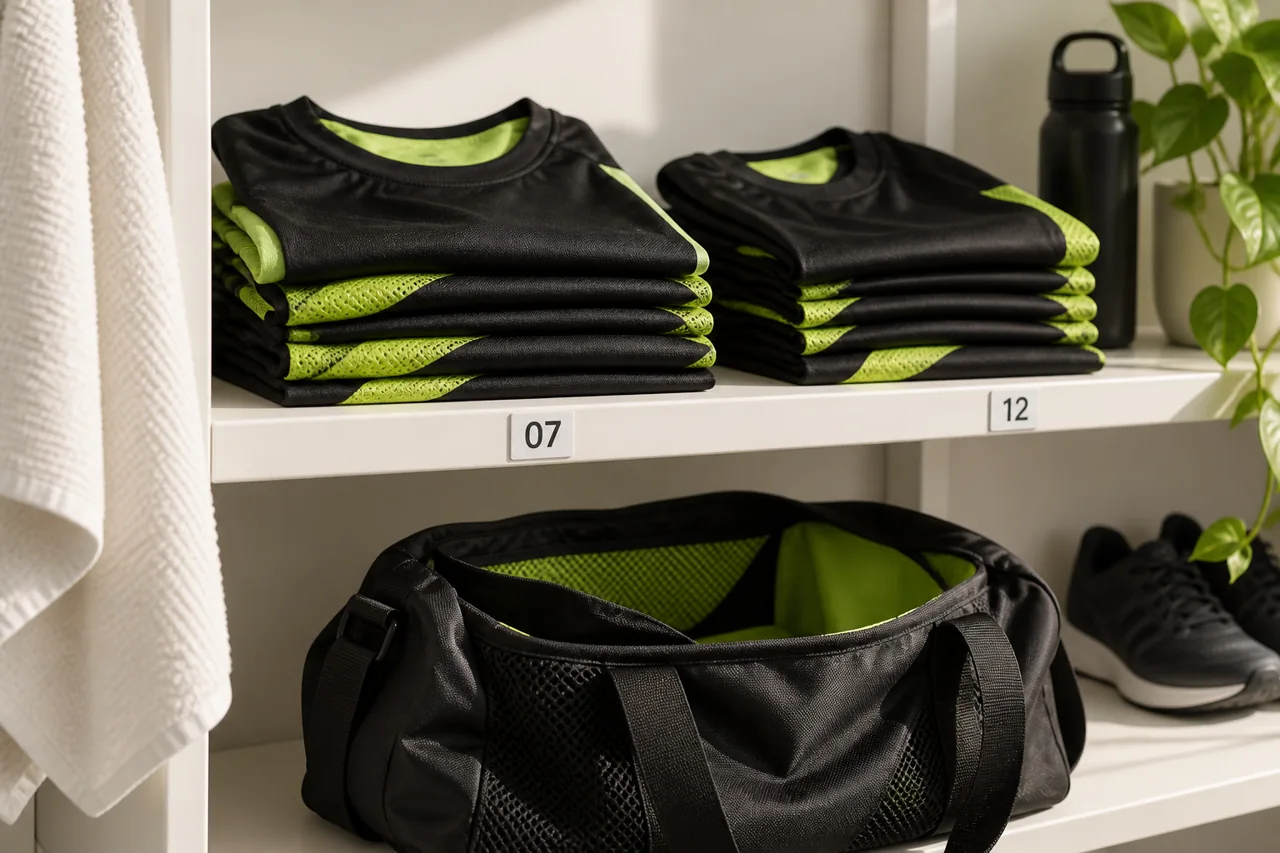 Dry folded sports shirts sit on open shelves above an empty kit bag.