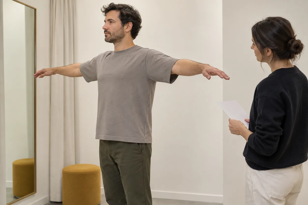 An adult wearer raises his arms in a gray T-shirt while a reviewer observes the hem and sleeve behavior