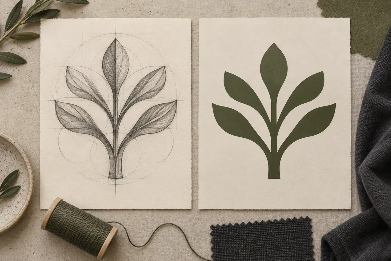 Conceptual designer board comparing intricate artwork with a simplified embroidery-ready emblem