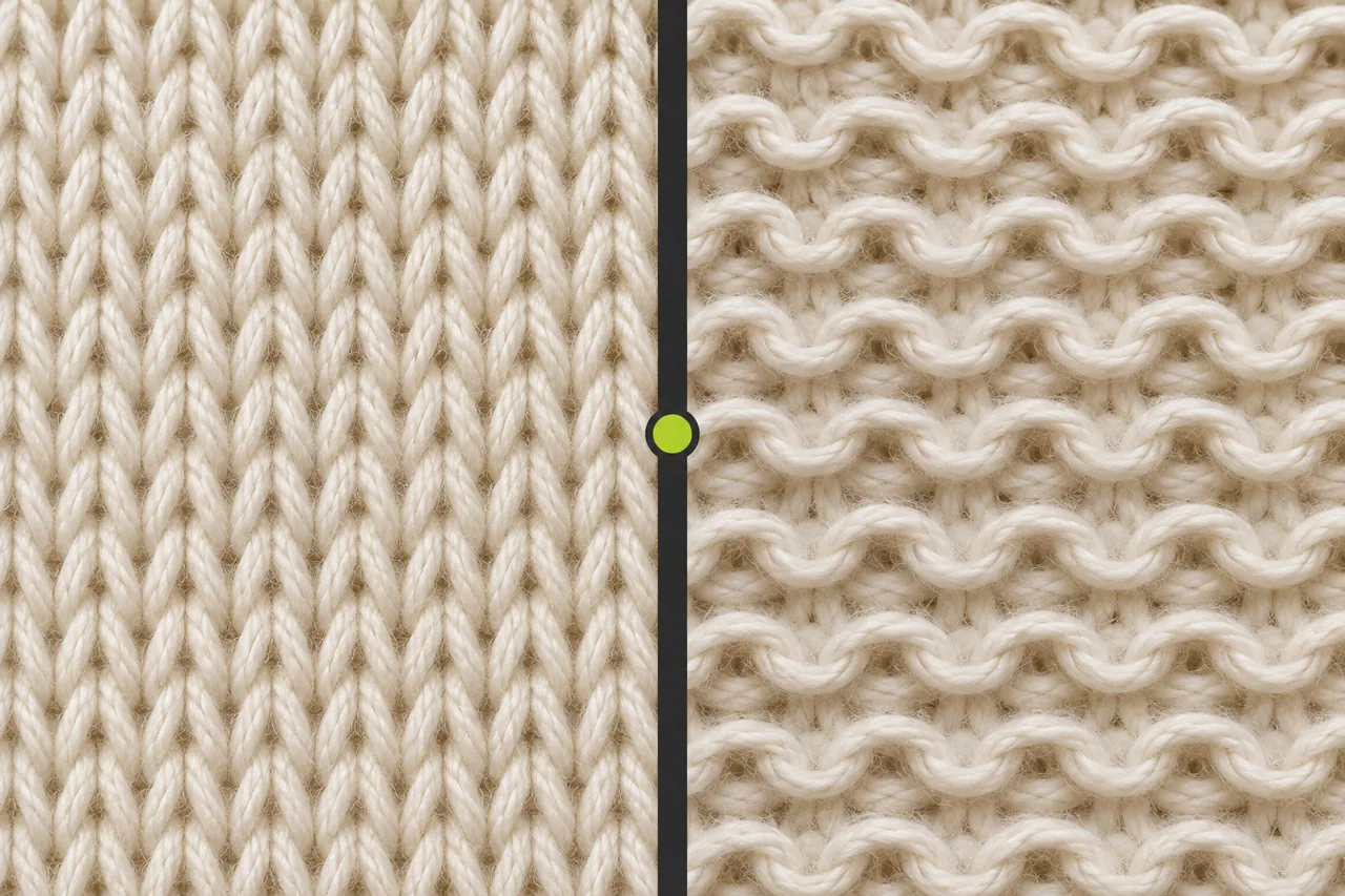 Conceptual enlarged comparison of the face and reverse of cream jersey knit