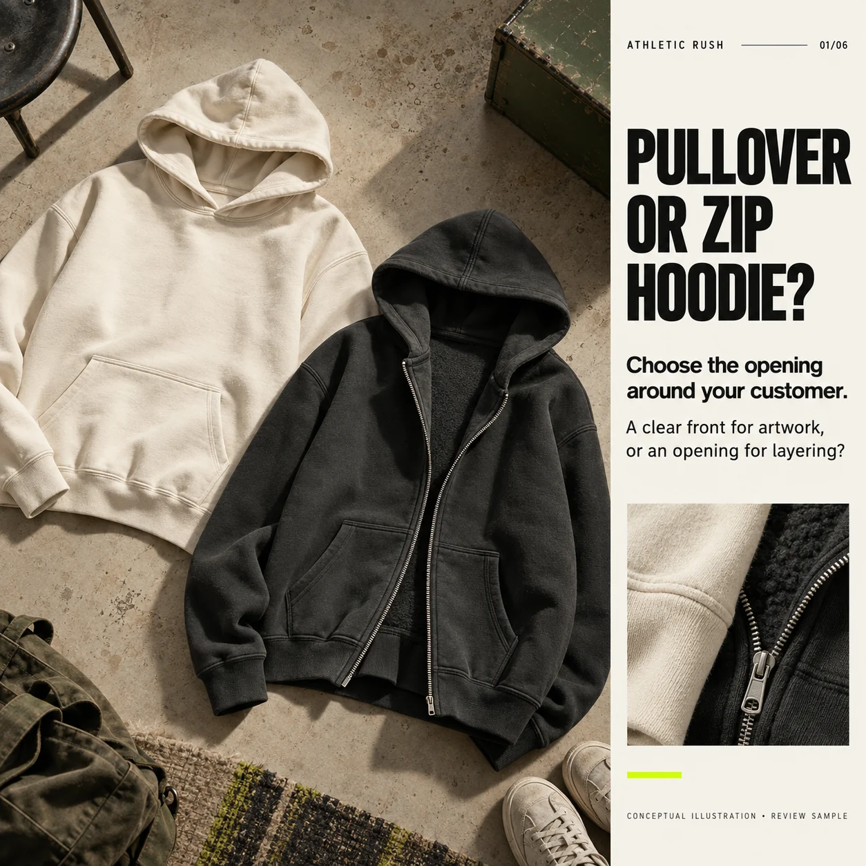 Conceptual comparison of an ivory pullover and a charcoal full-zip hoodie, introducing the buyer's choice