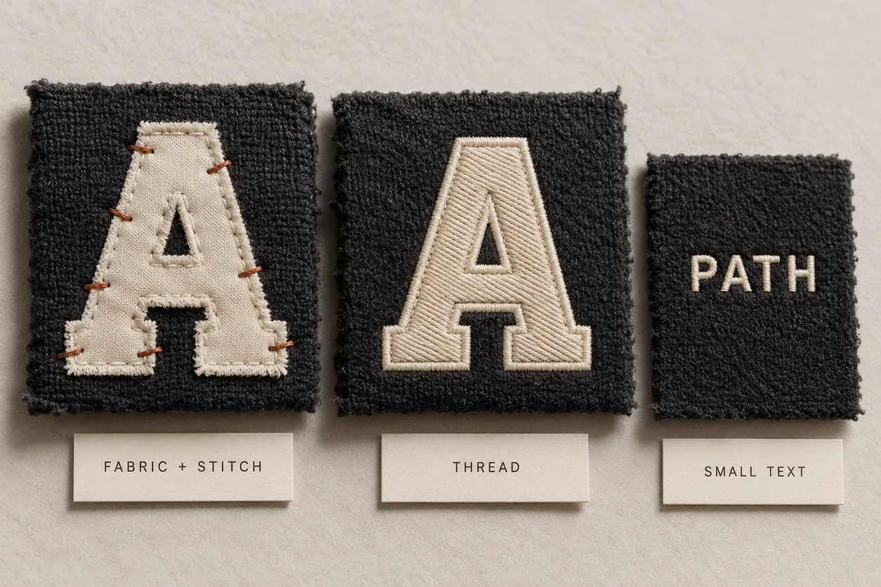Conceptual fabric-plus-stitch applique letter thread-filled letter and small clean lettering illustrate three decoration directions