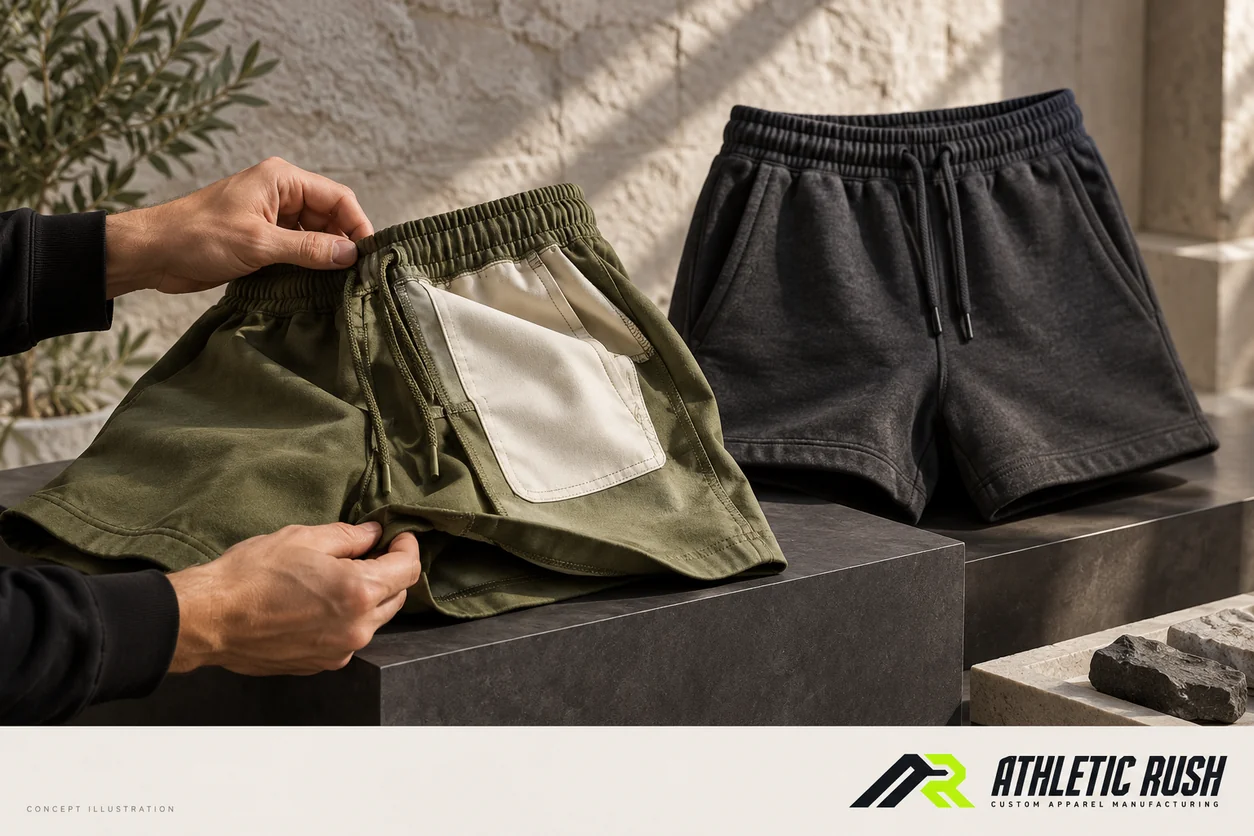 Conceptual olive shorts displayed partly inside out beside charcoal shorts reveal the difference between an exterior opening and an internal pocket bag
