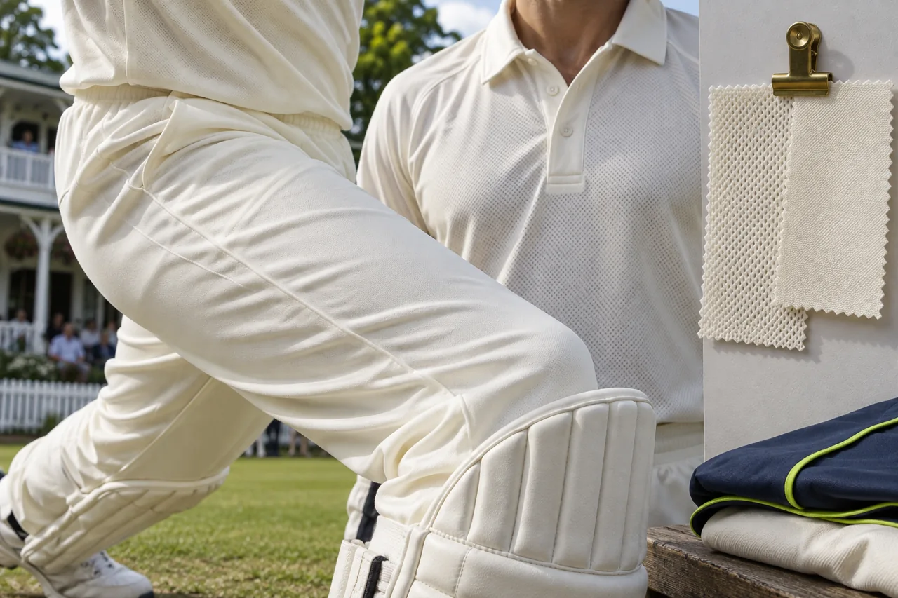 Check trouser coverage in a batting lunge and assess the shirt knit and fabric references separately.