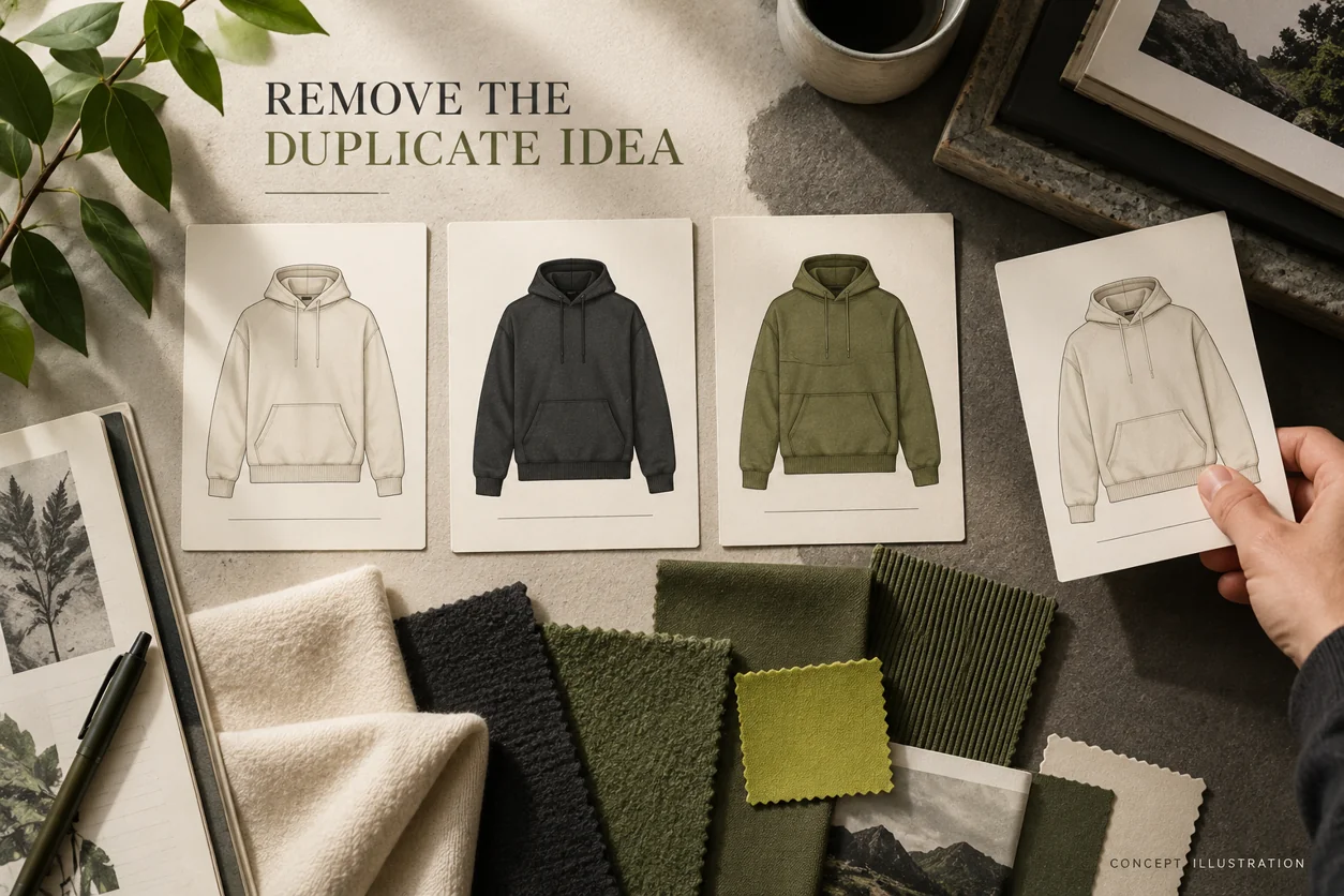 Conceptual collection-planning desk where a redundant hoodie idea is removed from a coordinated assortment