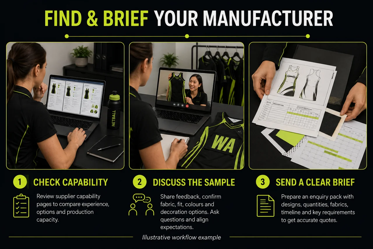 A club coordinator compares supplier capabilities, discusses a sample and prepares an enquiry pack