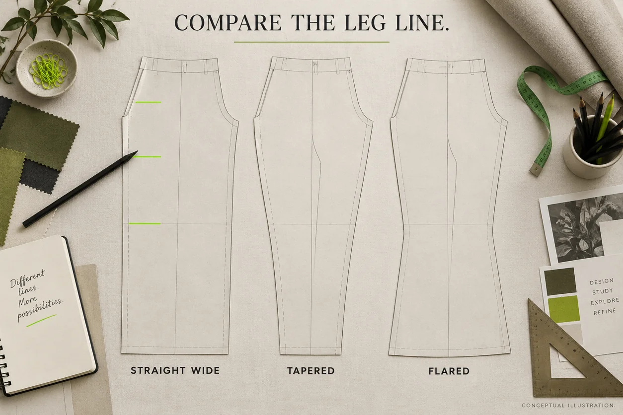 Illustrative paper outlines compare straight wide, tapered and flared leg directions without fixed measurements