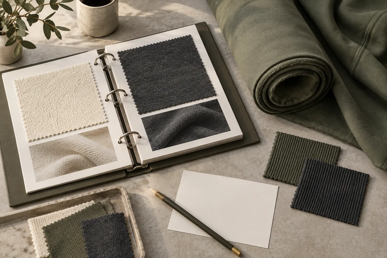 Conceptual material specification binder with loopback and brushed swatches, rib references and a blank approval card