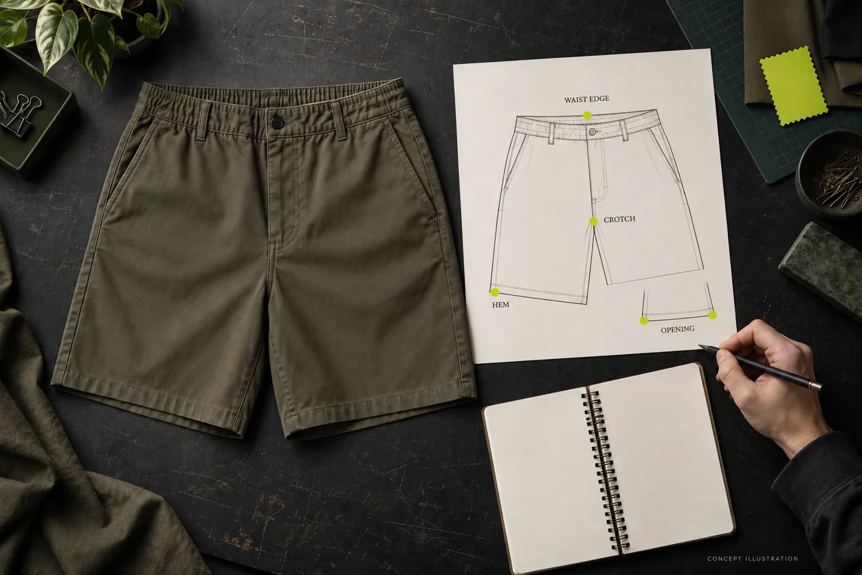 A conceptual shorts flatlay and separate paper drawing locate waistband, crotch, hem and opening references without numerical dimensions