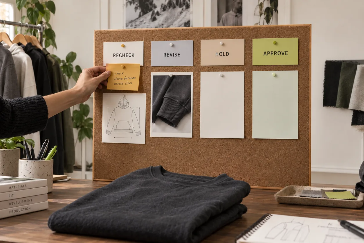 A conceptual garment review board separates recheck, revise, hold and approve decisions