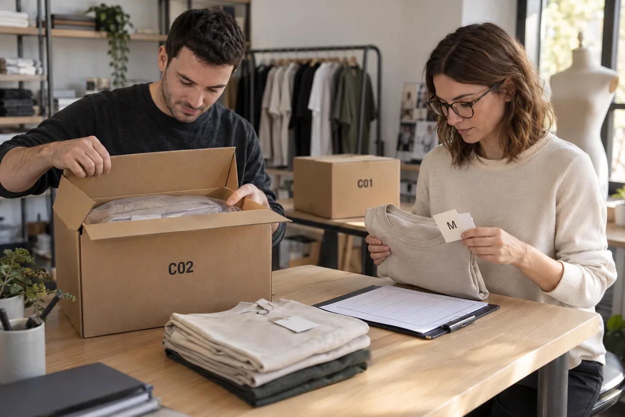 Two adult collaborators open carton C02 and compare a stone tee's M identity with a blank packing record