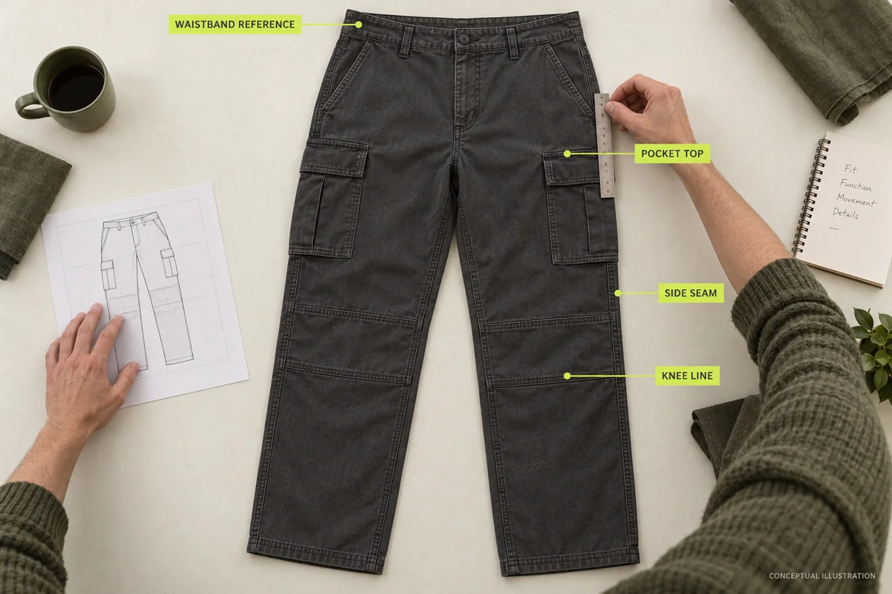A charcoal cargo trouser laid flat with guides for the waistband reference, pocket top, side seam and knee line
