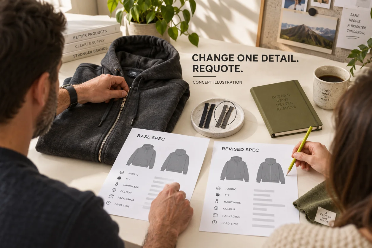Conceptual buyer consultation comparing base and revised specifications alongside a hoodie sample