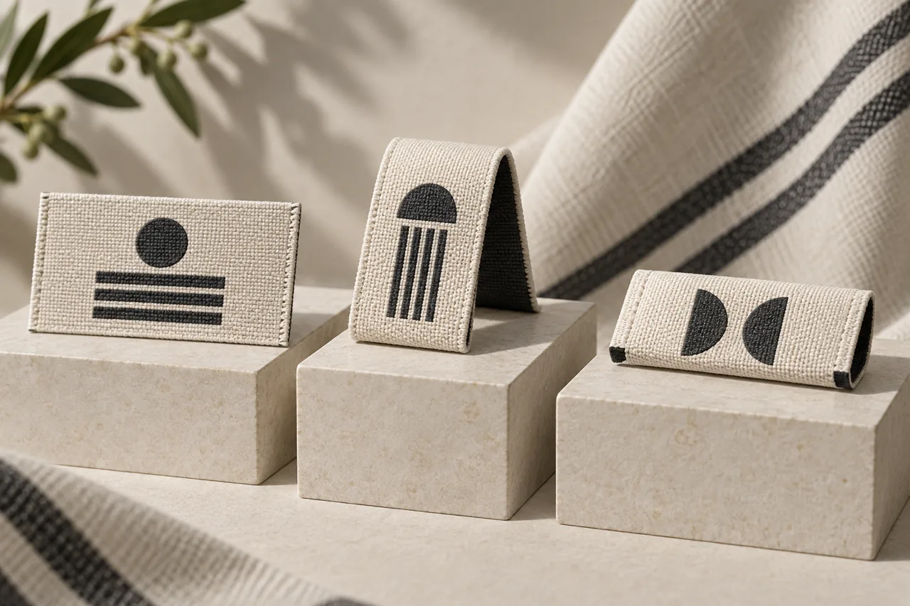 Flat, centre-fold and end-fold woven label concepts presented from an angle to reveal their construction