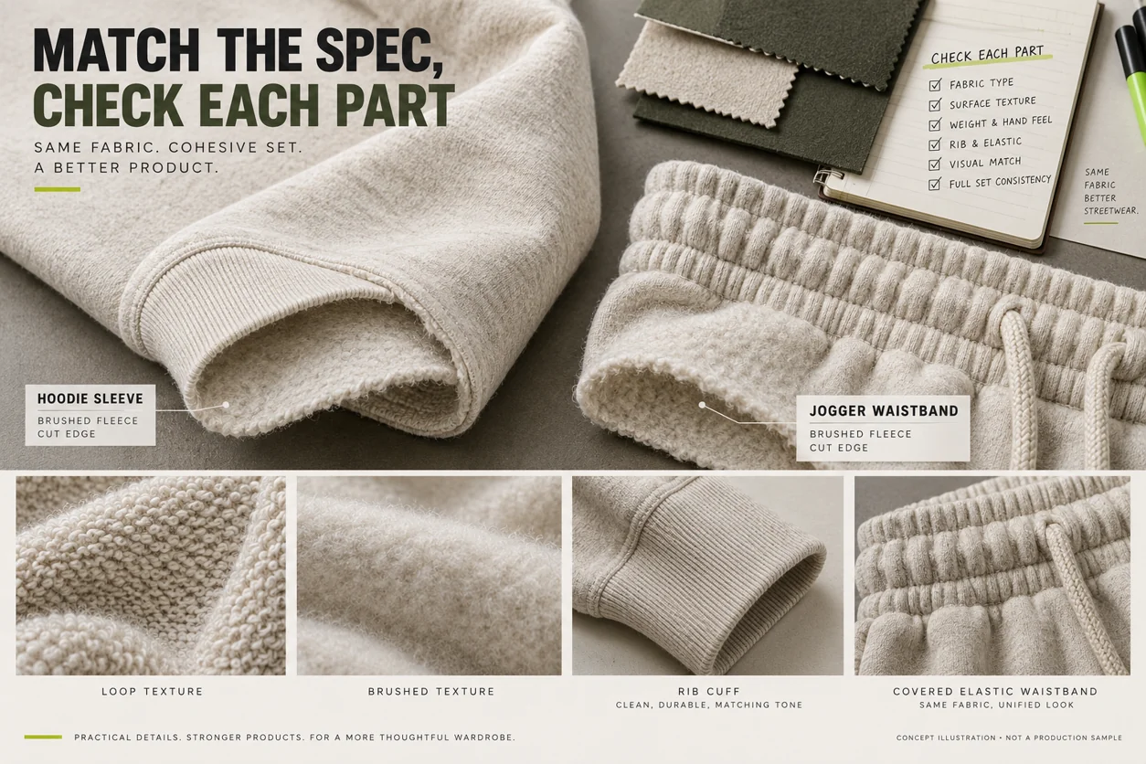 Concept close-up of hoodie and jogger materials, rib and waistband components for separate approval