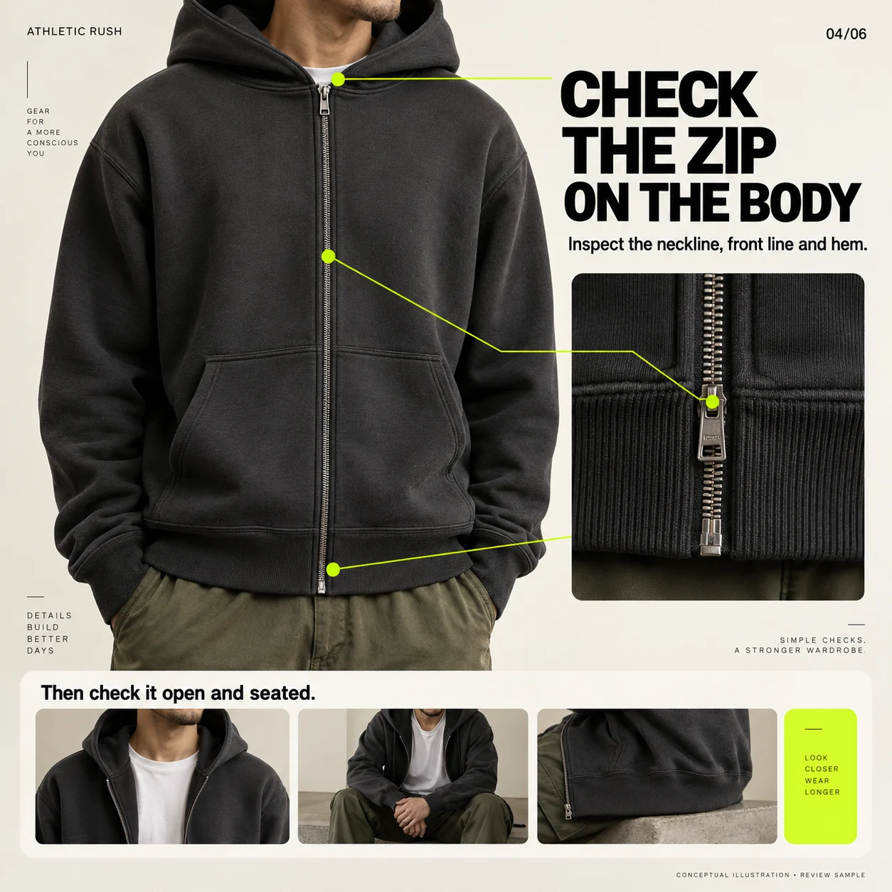 Conceptual front and hem detail of a full-zip hoodie with callouts for neckline, zipper and hem checks