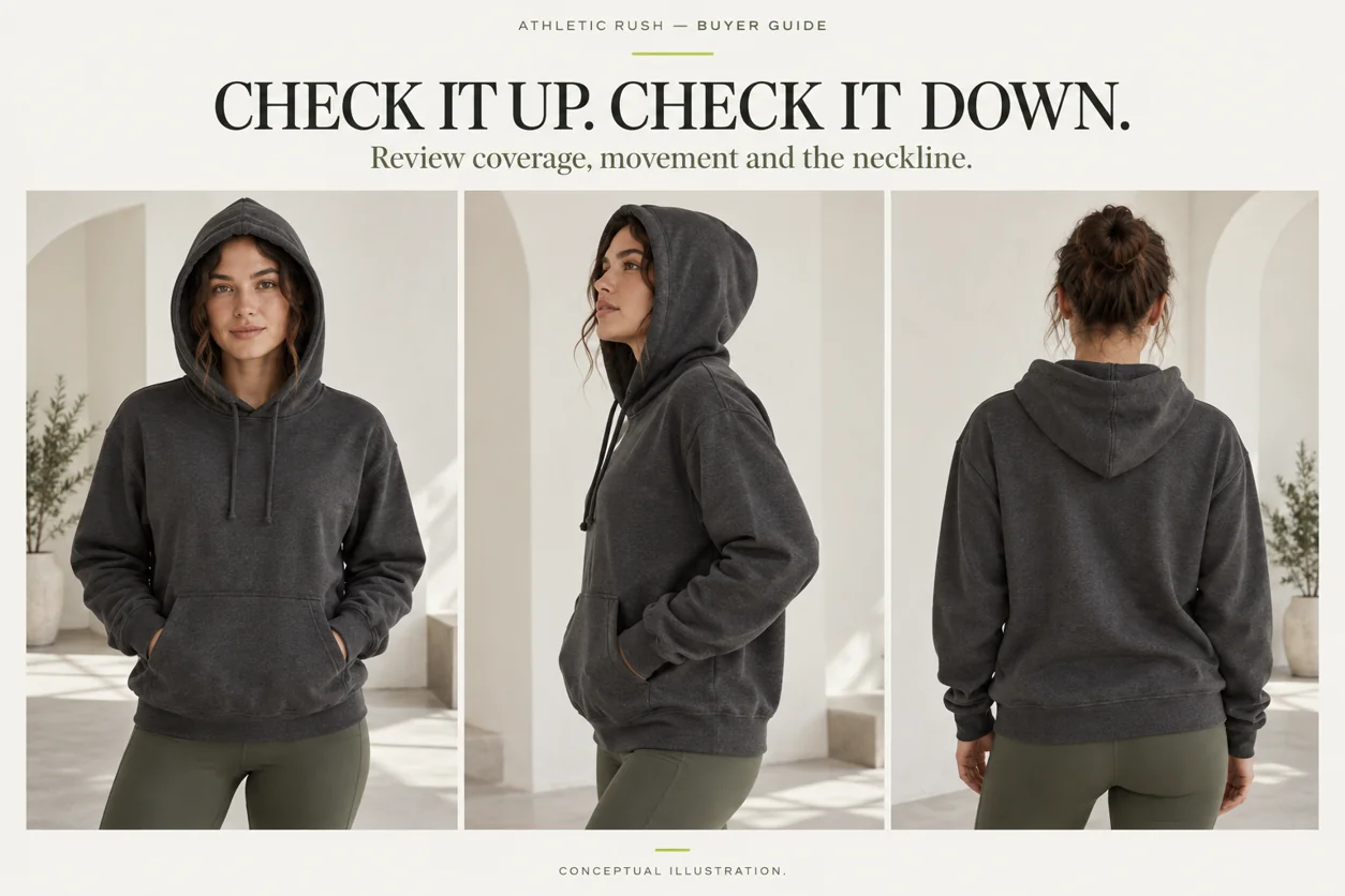 Conceptual front side and rear views of an adult wearing a hood up and down