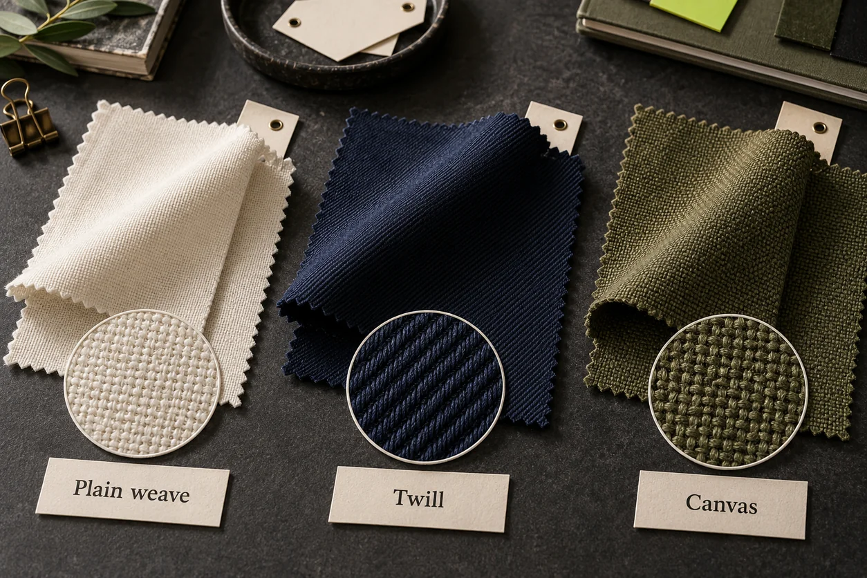 Conceptual fabric-library specimens distinguish an ivory plain weave, a navy diagonal twill and an olive canvas proposal