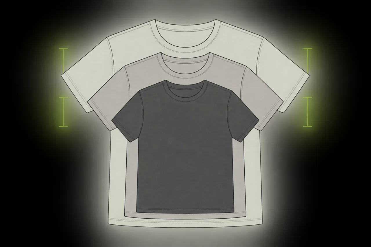 Three overlapping conceptual T-shirt silhouettes illustrate a size progression without prescribing production grade increments