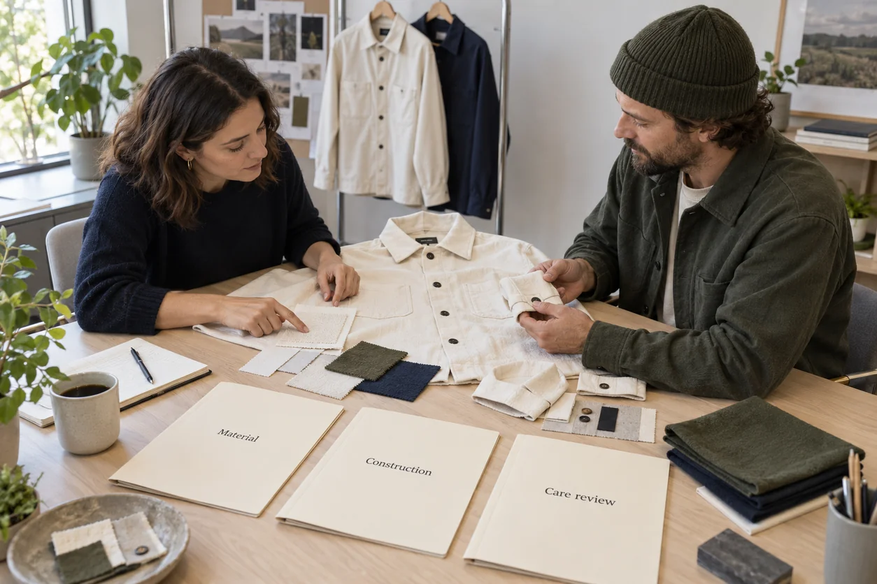 A conceptual buyer and maker keep material, construction and care-review records separate while tracing a swatch to the overshirt sample