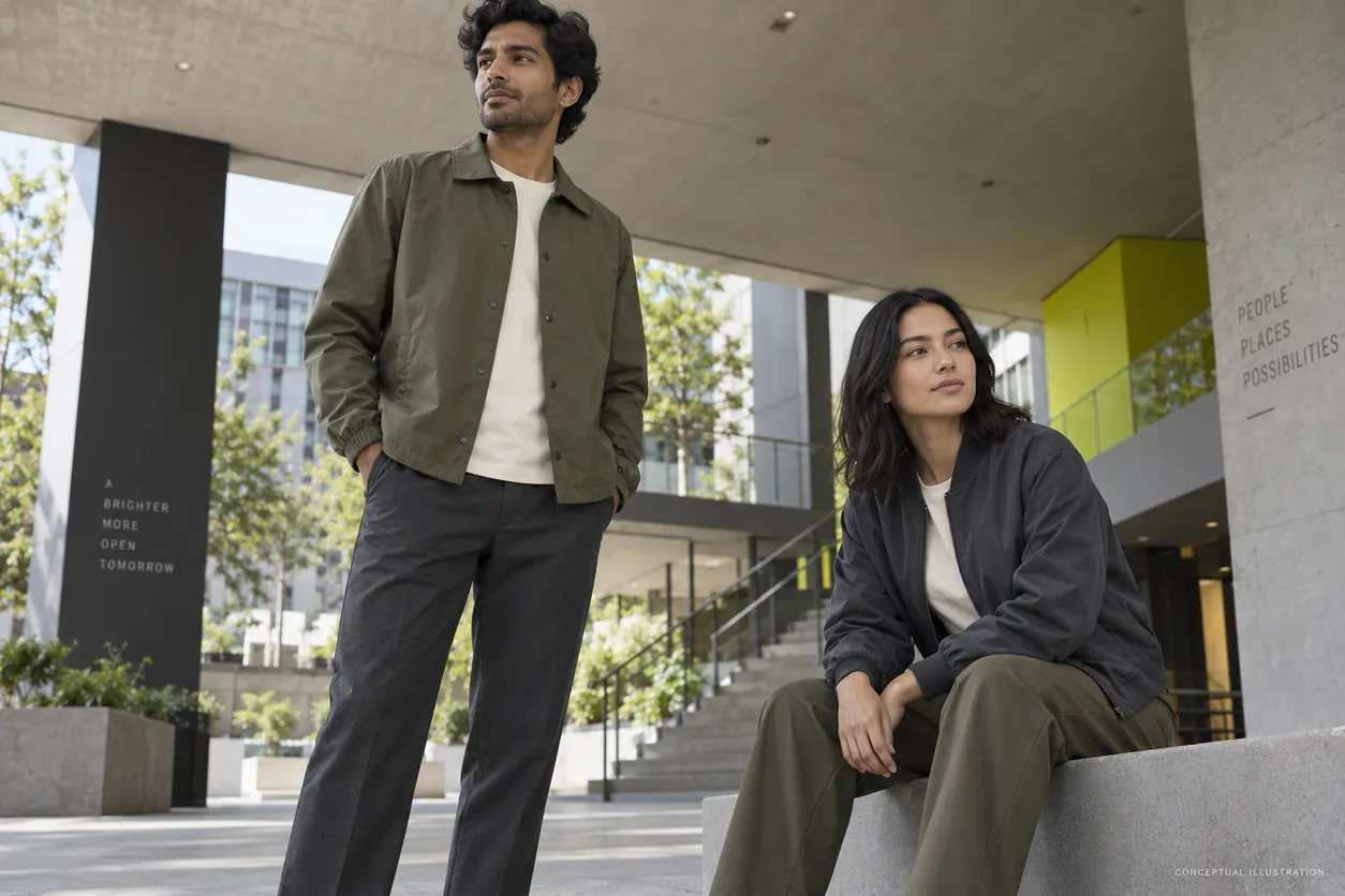 Conceptual dry-weather courtyard shows an olive coach-style jacket and a graphite bomber-style jacket as different outfit directions