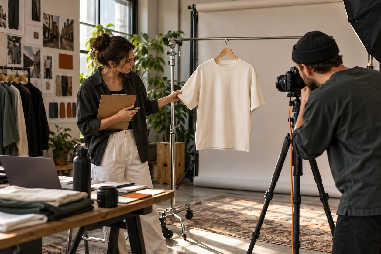 Founder and photographer preparing a tee, camera and shot-list clipboard in a small studio