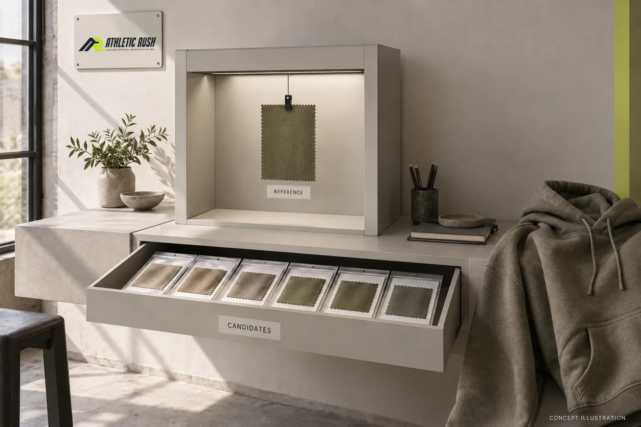 Conceptual Athletic Rush colour review cabinet with an identified reference, candidate fabric sleeves and an olive hoodie