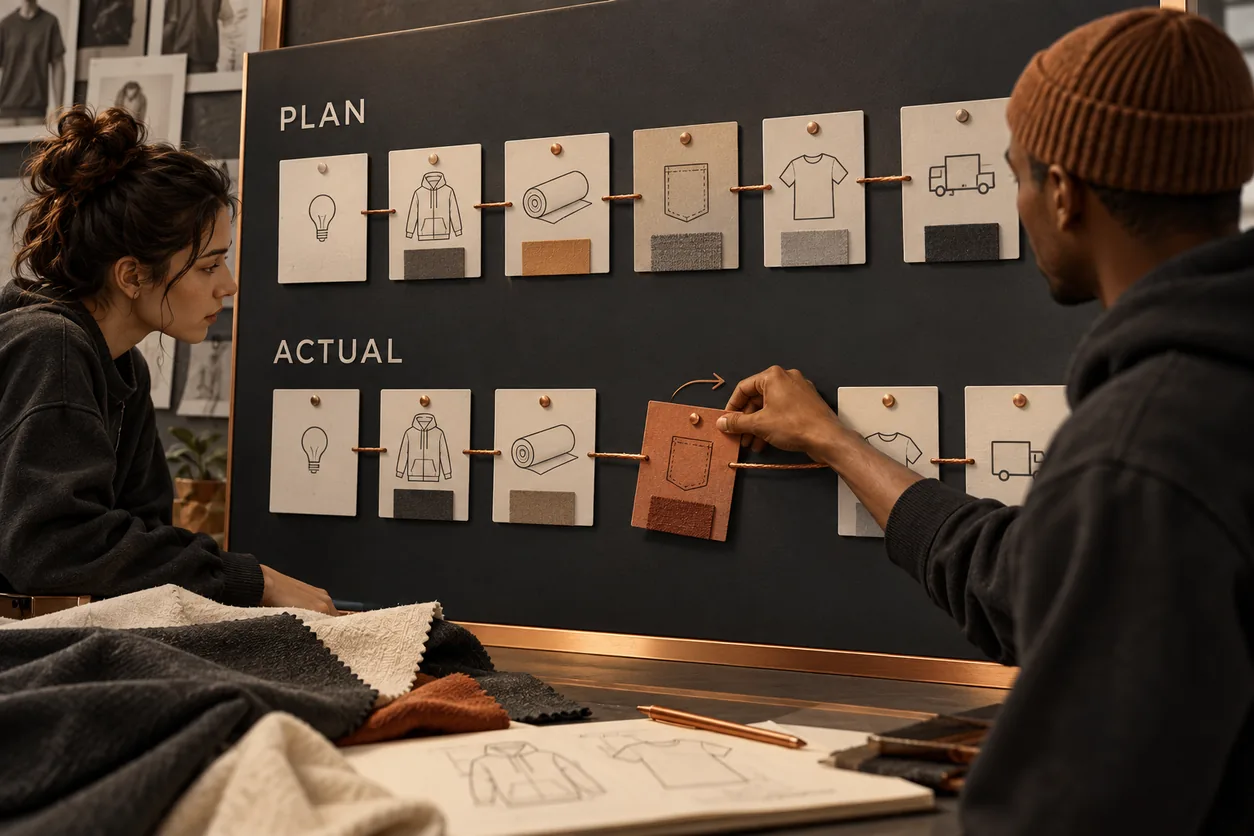 Planned and actual garment-development paths show a changed stage and its later dependencies