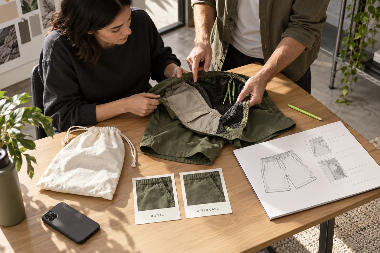 A conceptual buyer and maker compare an inside-out shorts sample, an identified carrying item and separate initial and after-care record cards at an inspection table