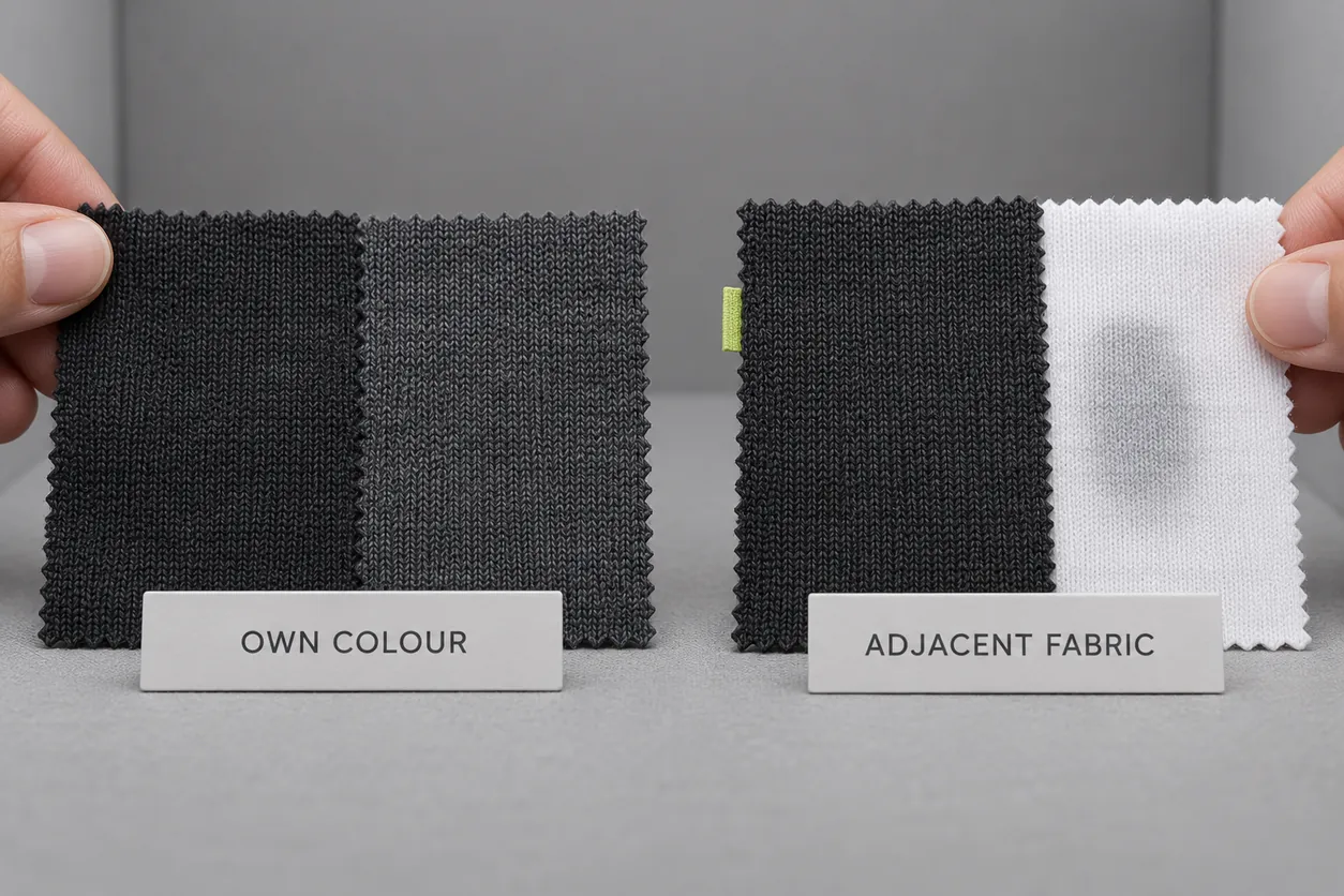Conceptual specimens separating the garment's own colour comparison from appearance on adjacent fabric