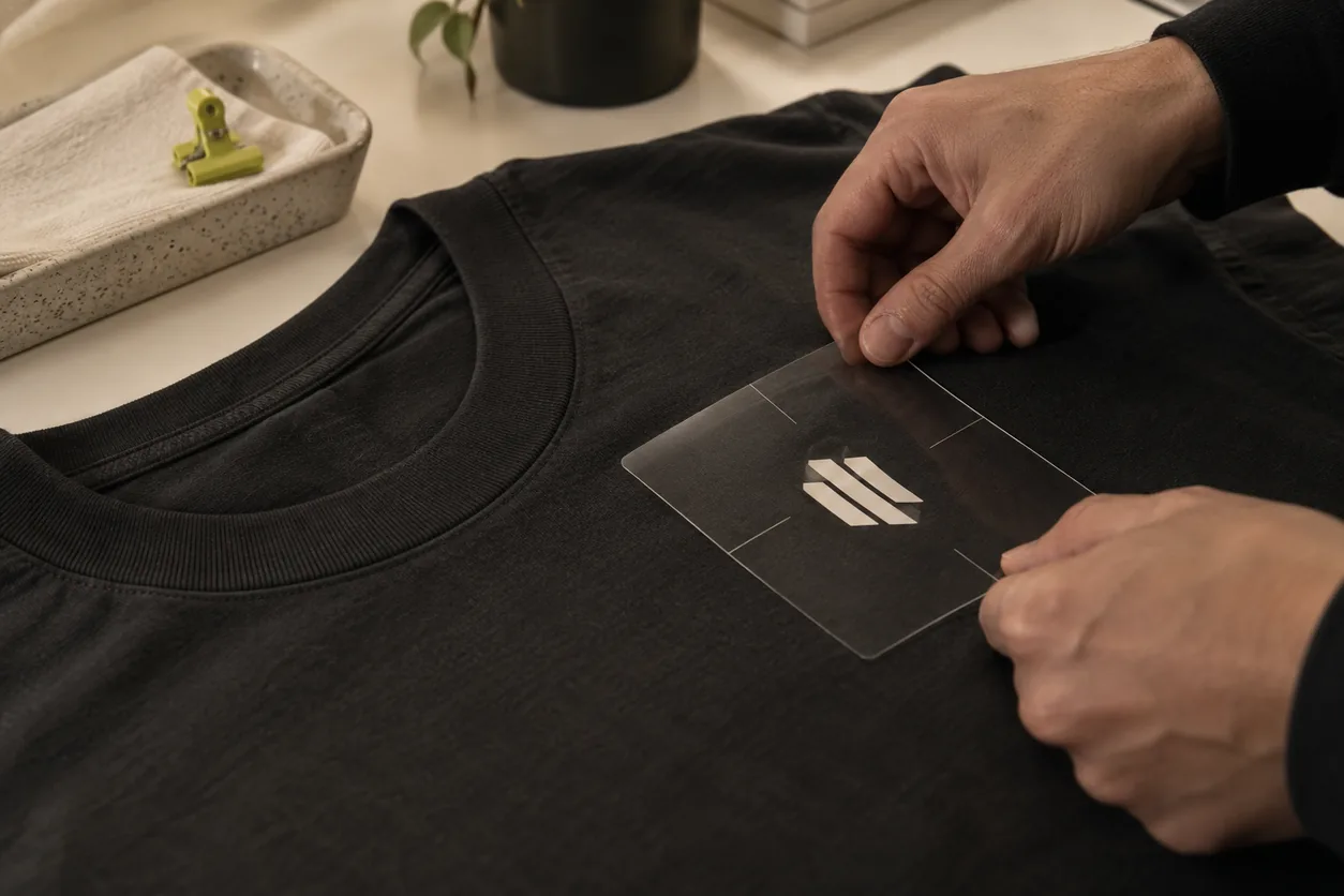 Adult hands align a transparent placement template around a small abstract chest graphic on a charcoal tee