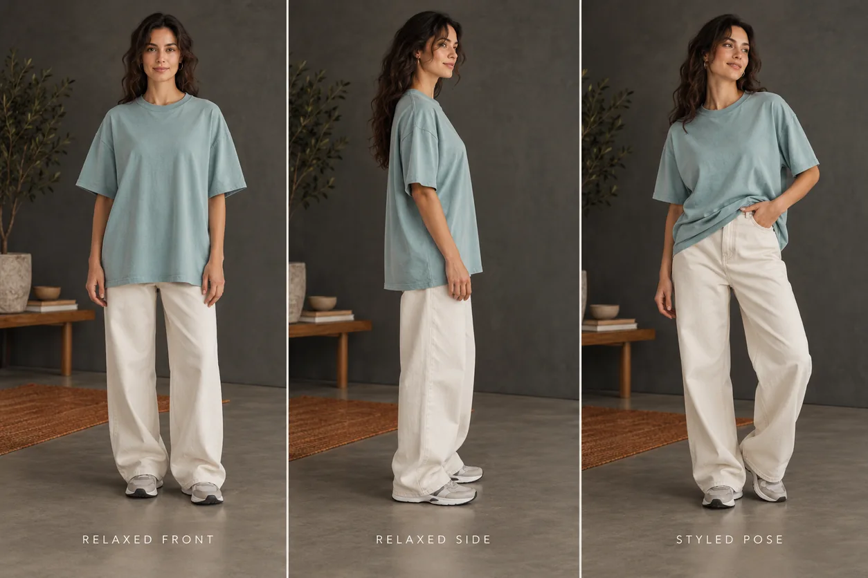 One conceptual tee shown in relaxed front, relaxed side and a styled pose that lifts the hem