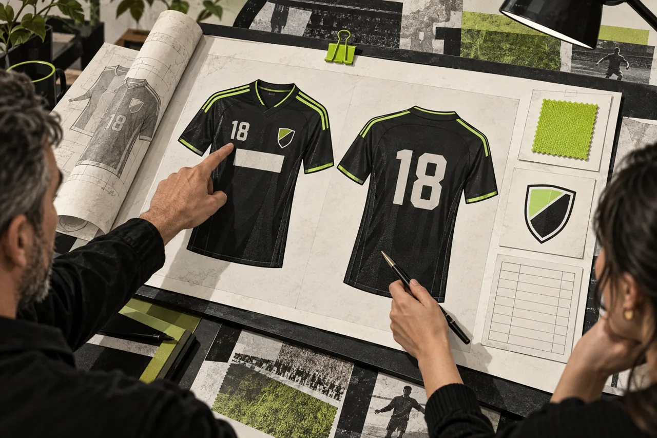 A team representative and designer review a jersey proof alongside separate colour, crest and roster references.