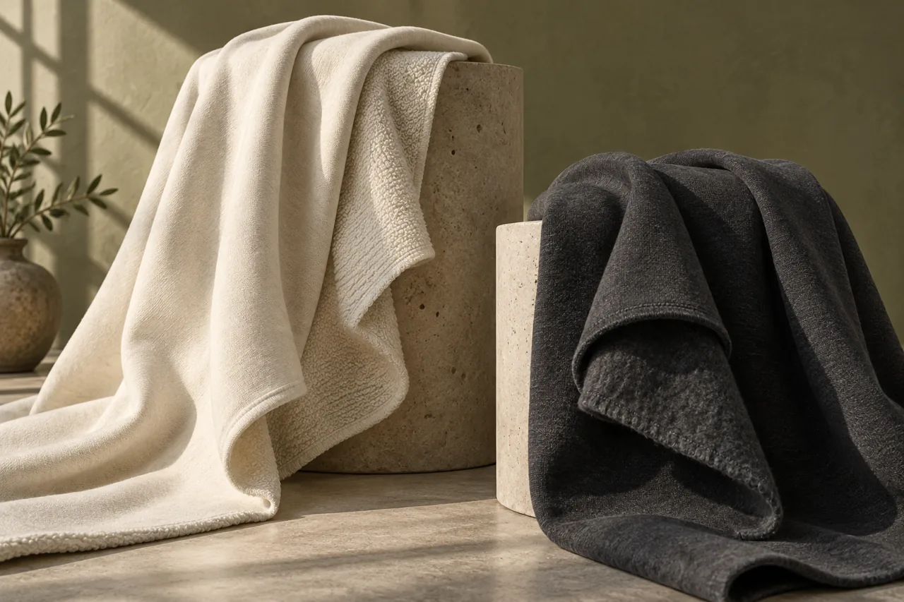 Conceptual illustration of loopback and brushed sweatshirt fabrics draped over stone forms