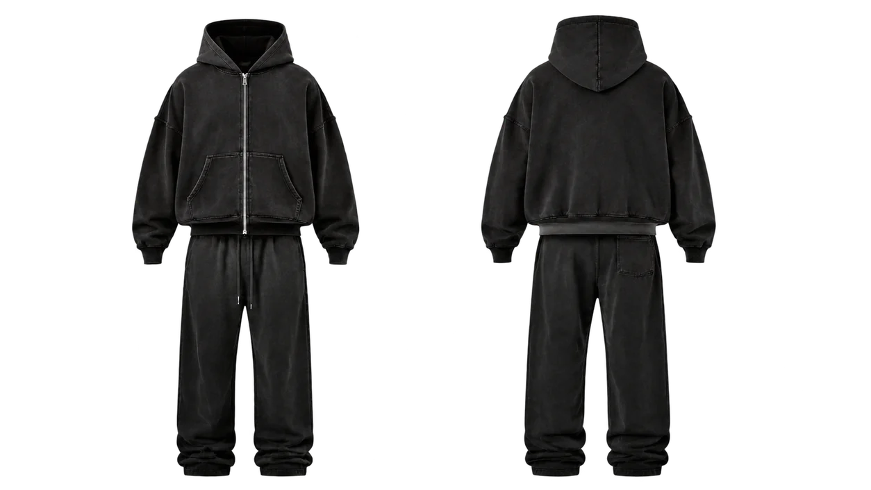 Athletic Rush catalogue front and back reference showing the True Black Stone Wash zip hoodie and coordinating trousers