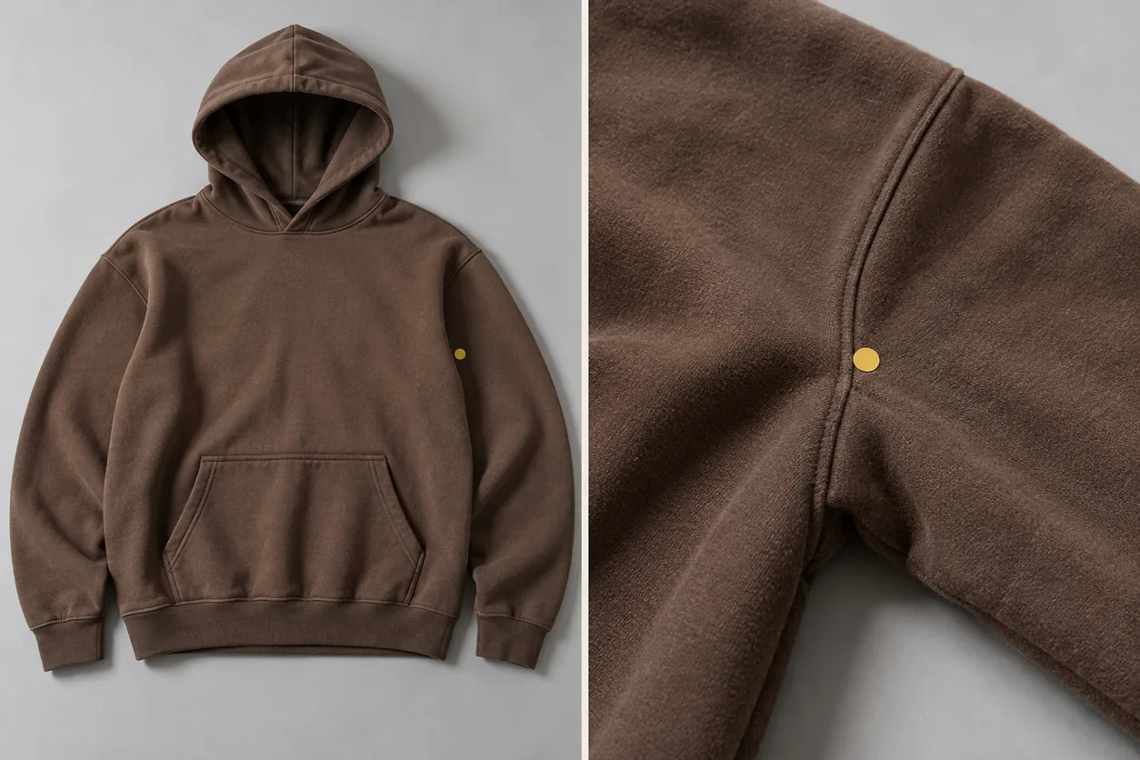 A brown hoodie shown as a full front view beside a close-up of its sleeve-to-body join with matching location markers