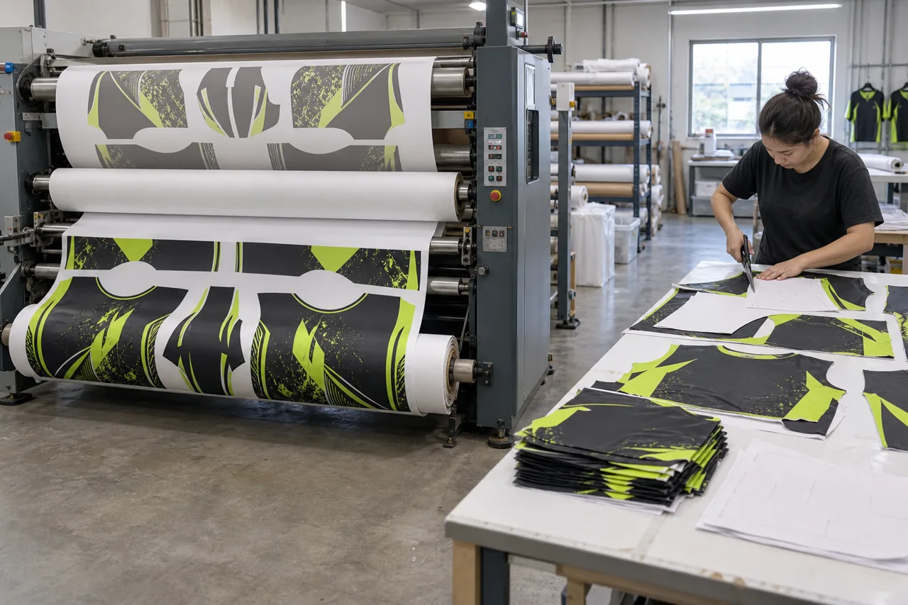 For the illustrated cut-and-sew route, transfer the approved design to compatible fabric before cutting the printed panels.