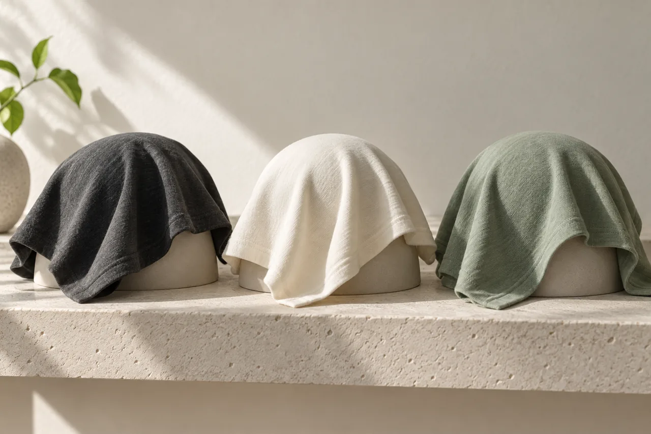 Three jersey swatches draped over matching forms to illustrate a side-by-side comparison of folds