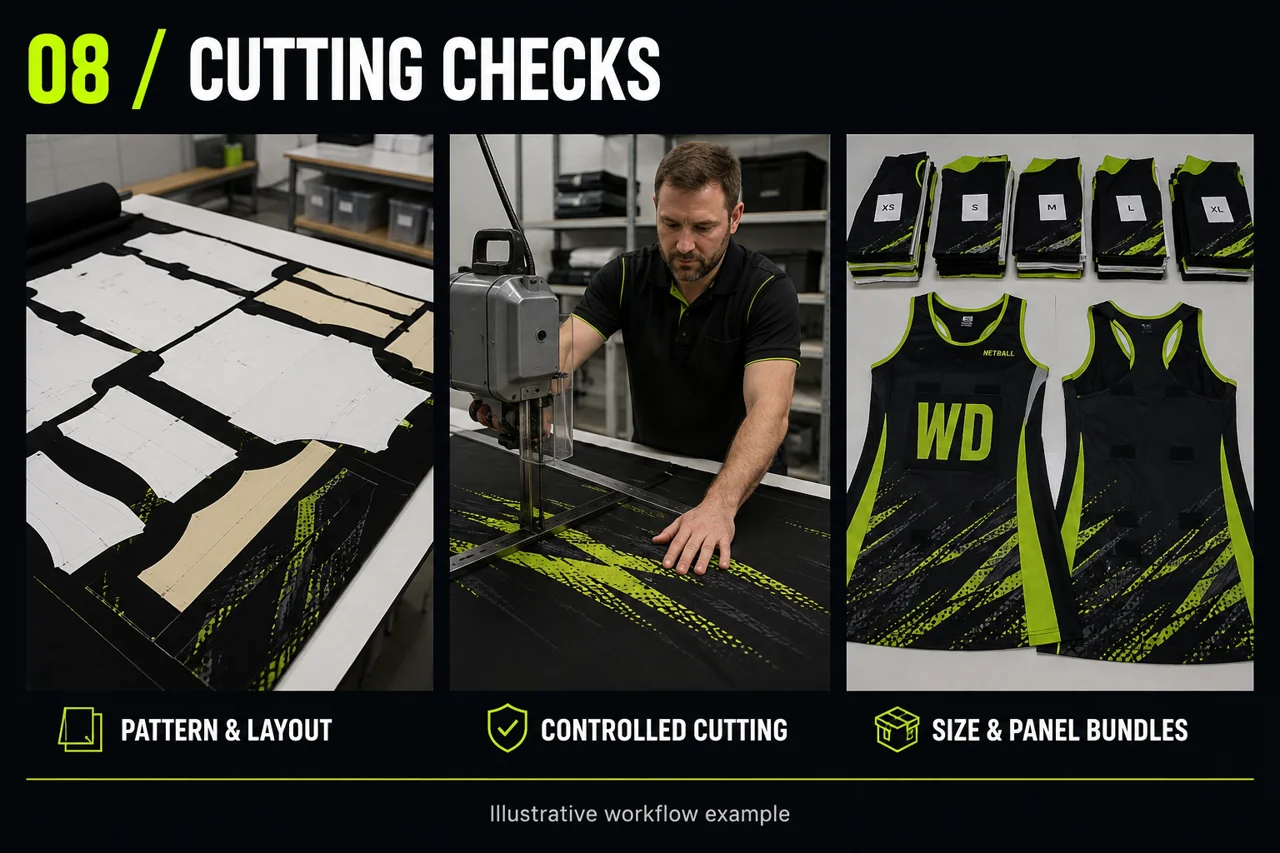 Check pattern layout, controlled cutting and traceable size bundles.