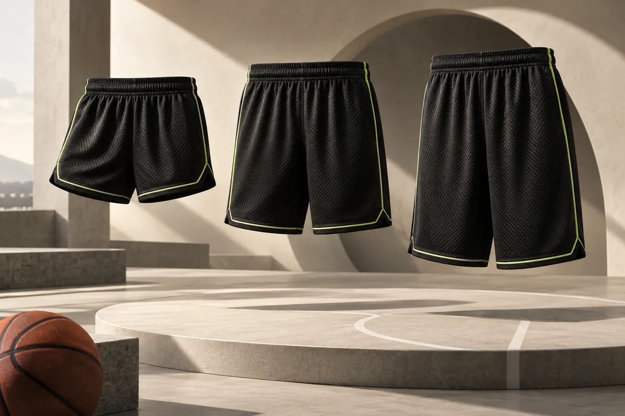 Three basketball shorts silhouettes showing different leg lengths with a consistent visual design