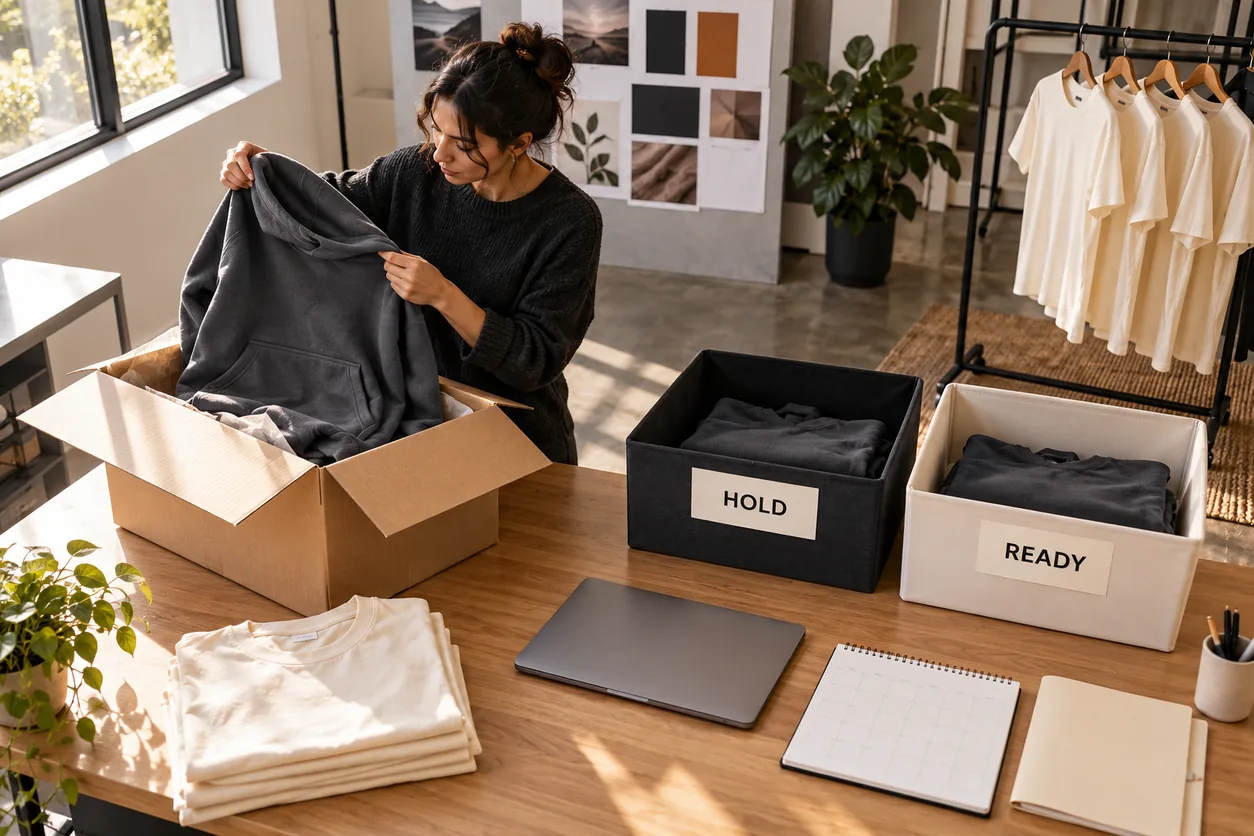 Brand-side receiving scene separates held garments from pieces ready for release