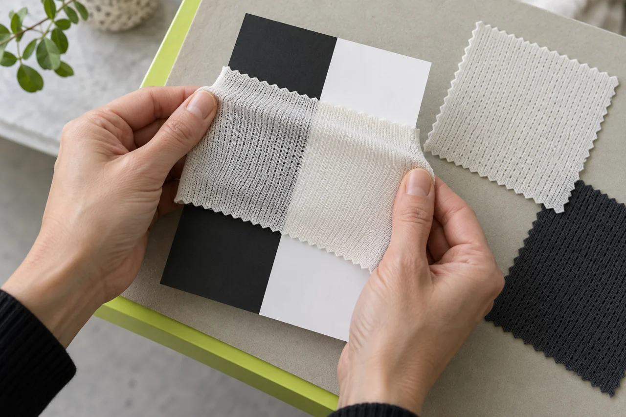 Hands compare a gently stretched pale fabric swatch over a contrasting card beside unstretched material.