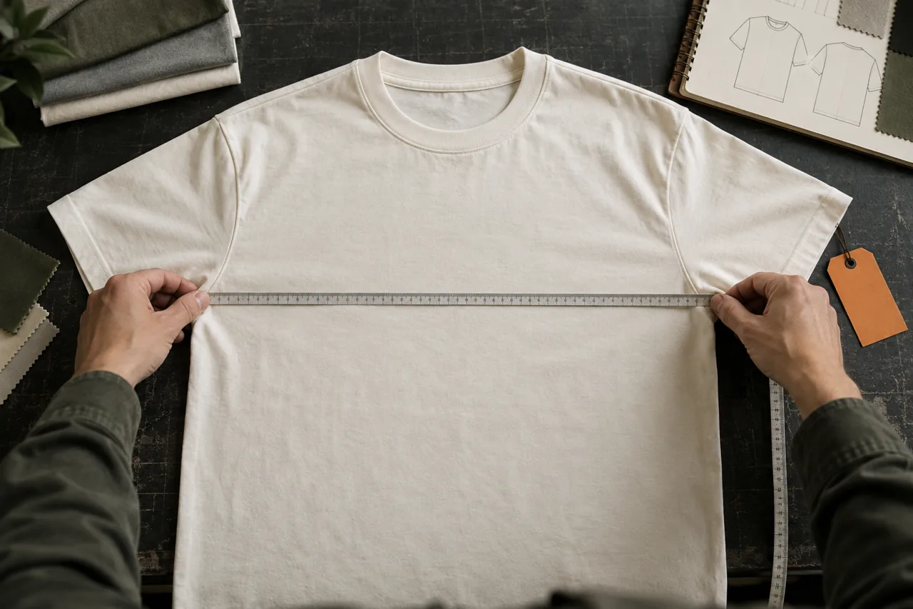 Conceptual hands measuring an ivory T-shirt laid flat on a cutting table